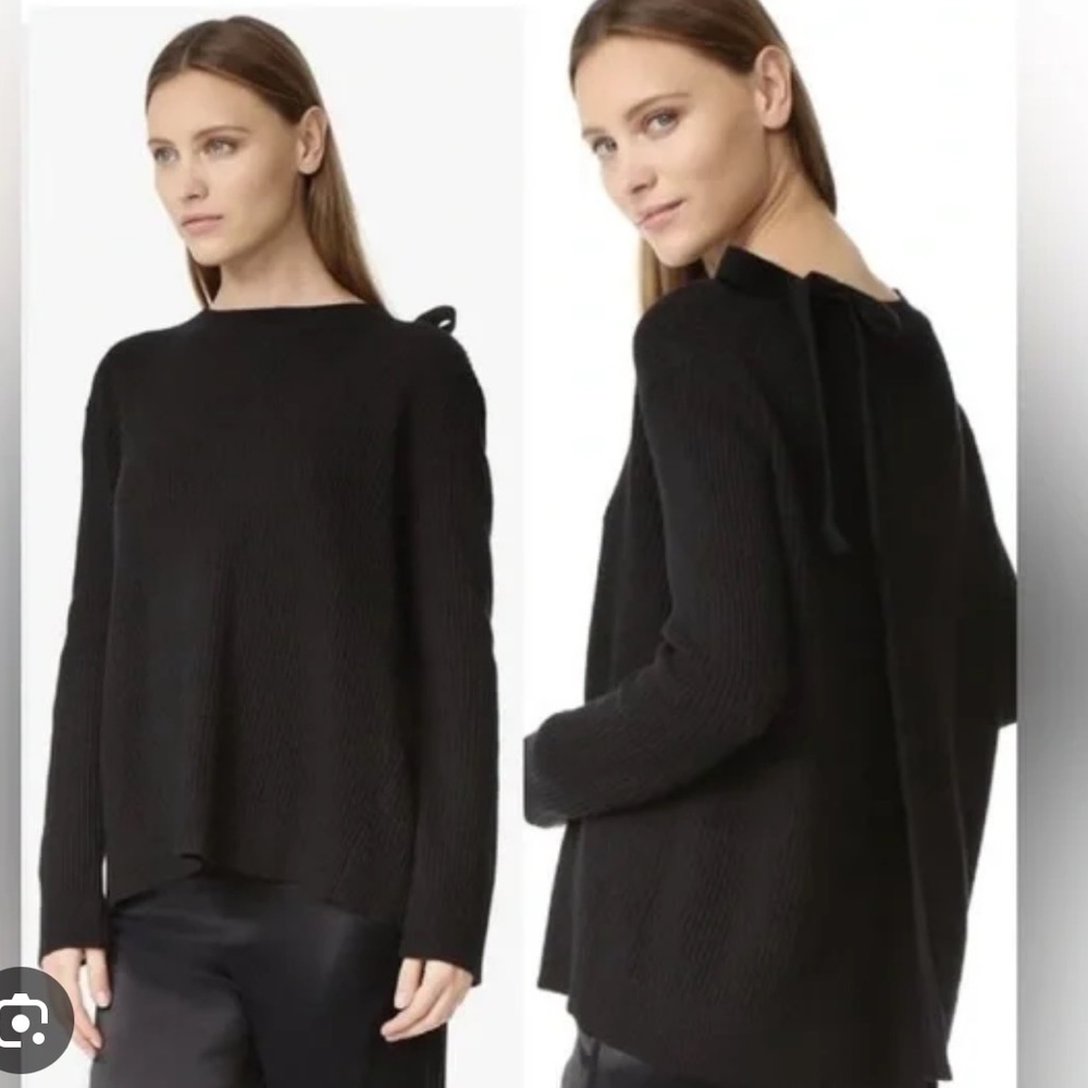 Vince Long Sleeve Slit Back Sweater in Cashmere Cotton Blend Ribbed Tie Back S